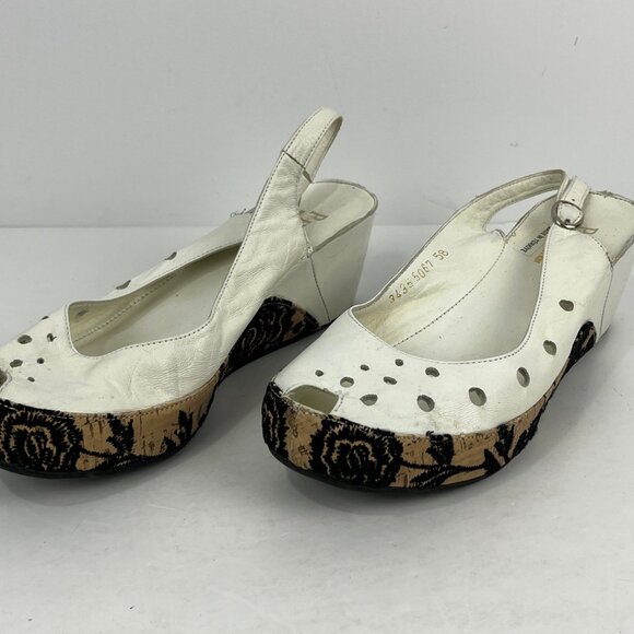 Phany Wedge Sandals Size 8 EU 39 White Leather Beige Round Open Toe Heel 2.5in - Picture 2 of 6